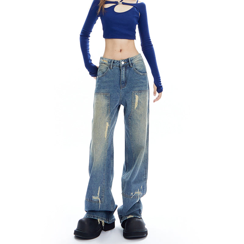 Cross-strap design slim top and wide denim pants