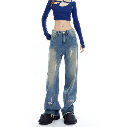 Cross-strap design slim top and wide denim pants